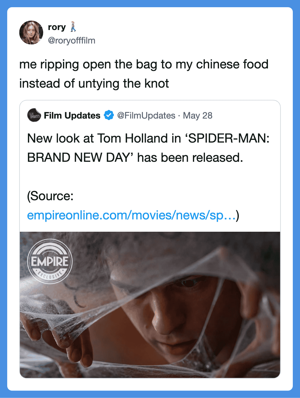 Ripping open a bag of Chinese food instead of untying the knot.