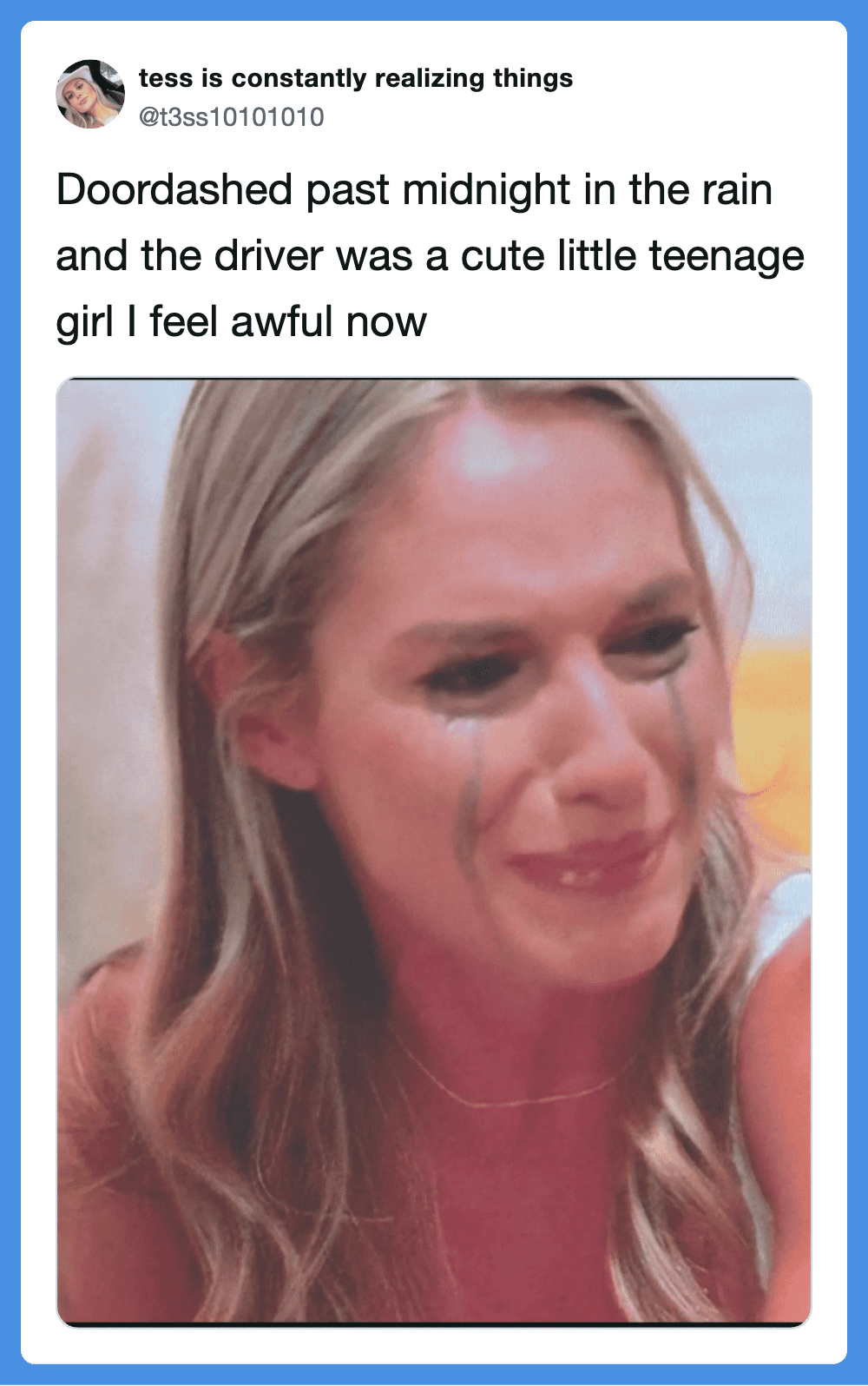 A woman crying with tears streaming down her face, emotional distress.