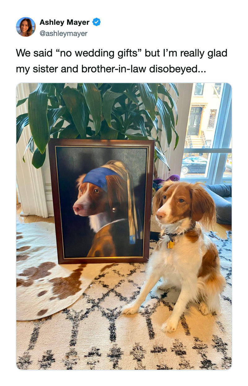 Dog sitting next to a framed portrait of a dog, cozy home interior, bright window light.