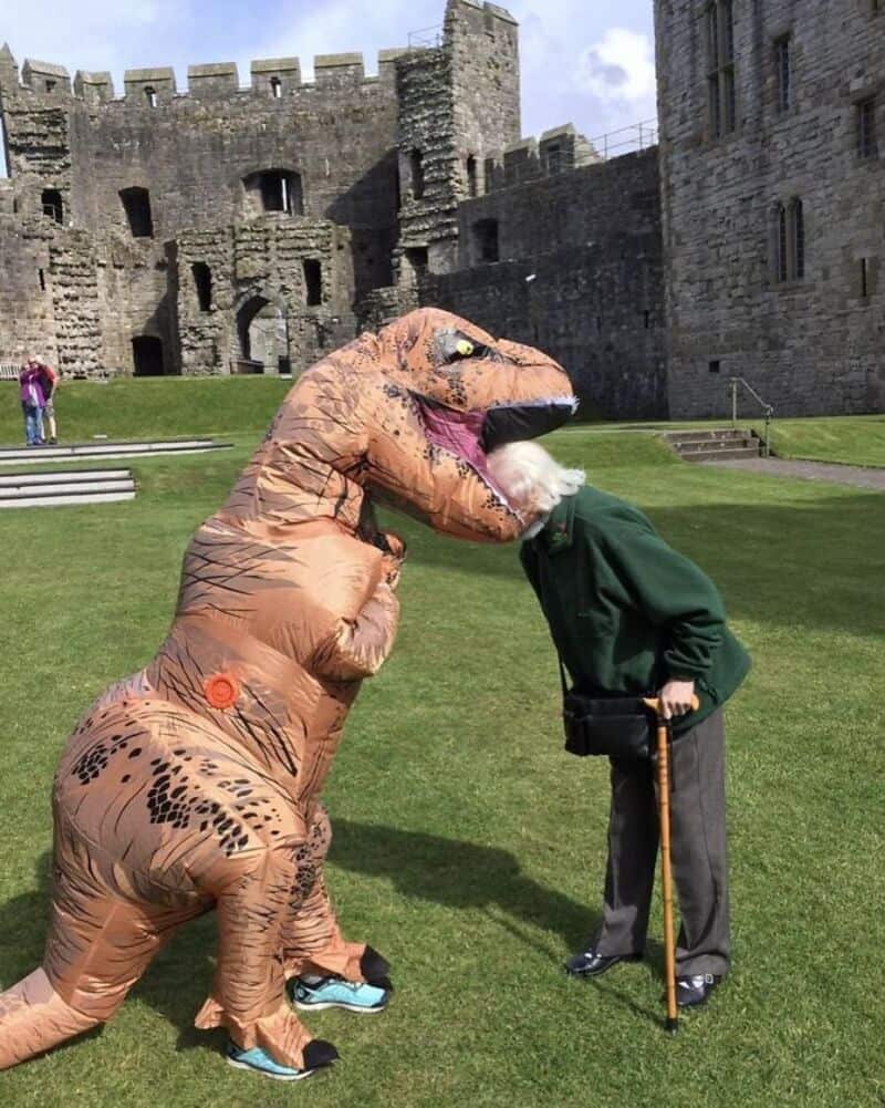 Dinosaur costume playing with elderly man on castle lawn, creating a humorous and playful scene outd.