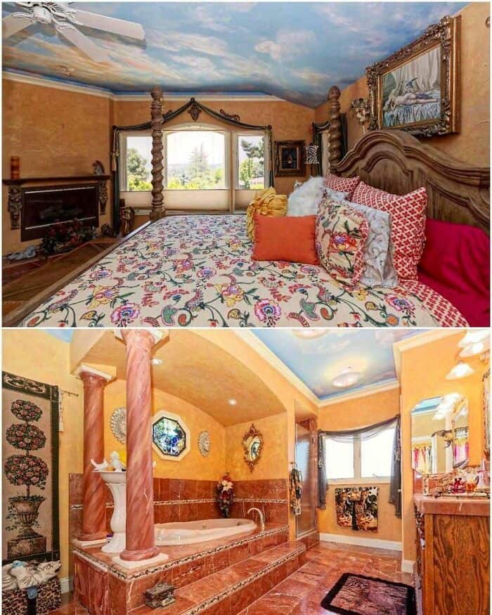 Bedroom with ornate wooden bed and vintage decor, view of window and sky mural ceiling.