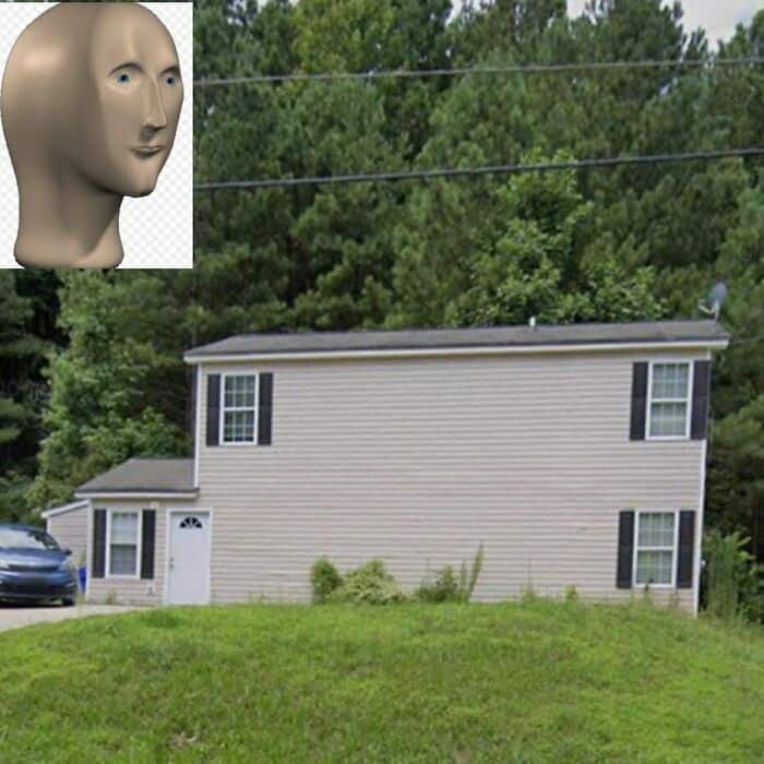 Unusual humanoid head sculpture above a suburban house with trees in background.