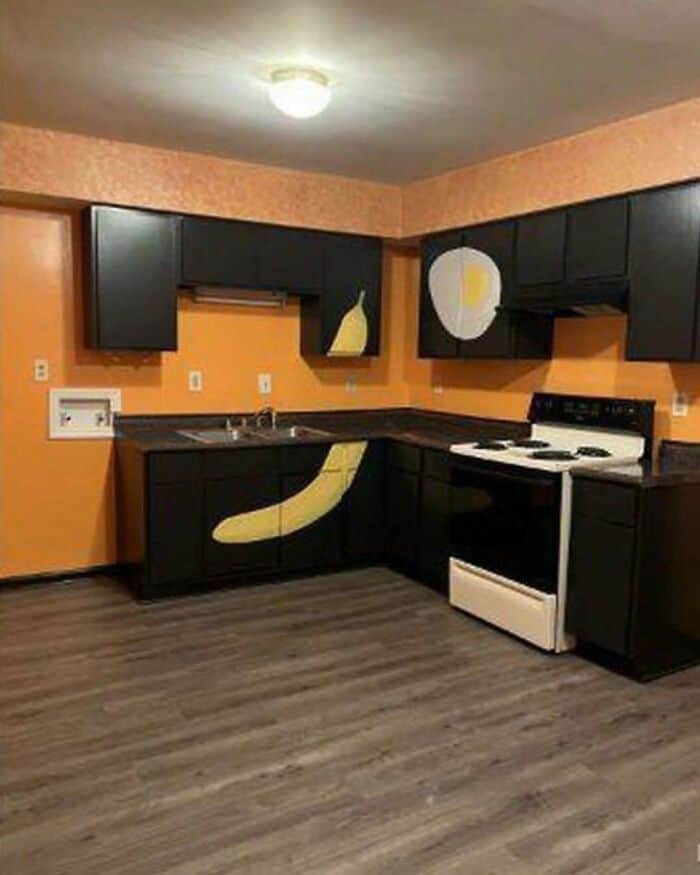 Kitchen with black cabinets, orange walls, and abstract wall art.