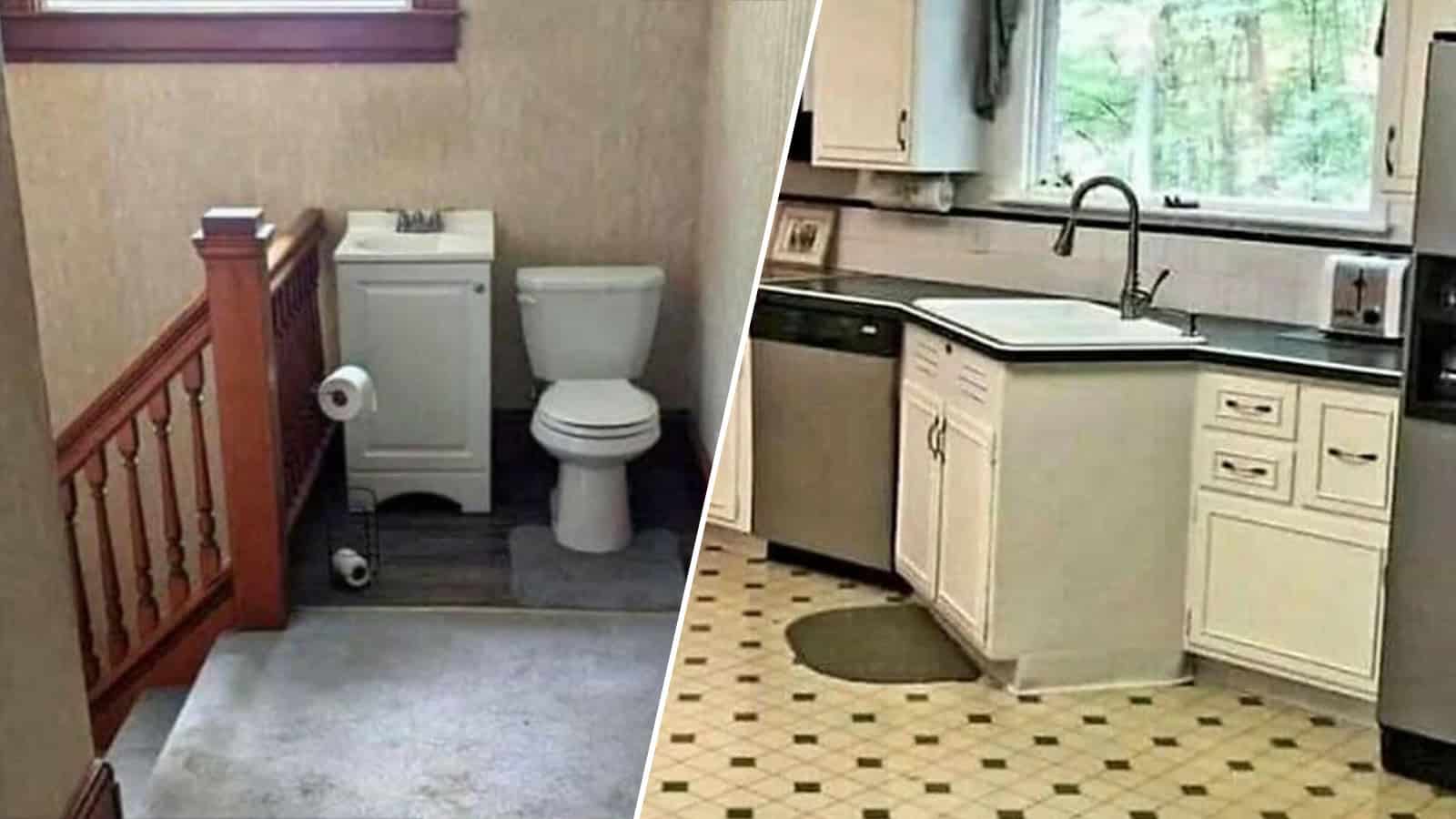 Small bathroom with toilet and washing machine, wooden railing, beige walls.