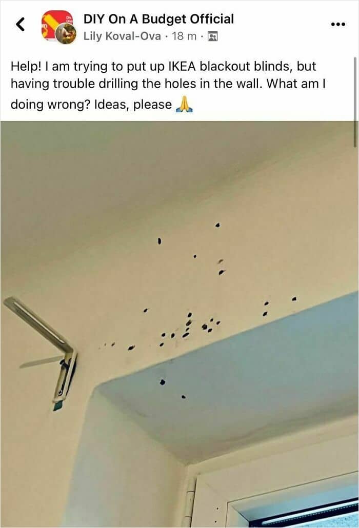 Ceiling with holes from drilling for blackout blinds installation.