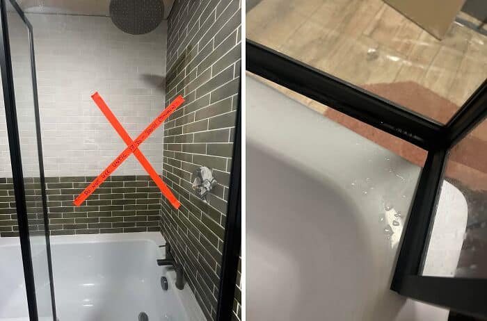 Shower enclosure with improper sealing causing water to leak outside the shower area.