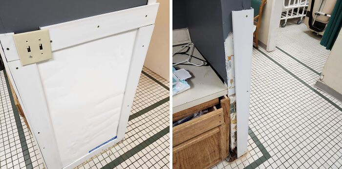 Damaged door hinge and misaligned frame in a home improvement fail.