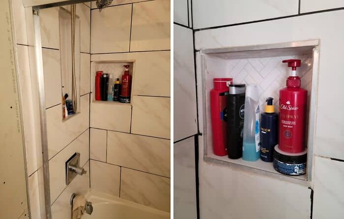 Poorly finished shower niche with uneven grout and exposed edges.
