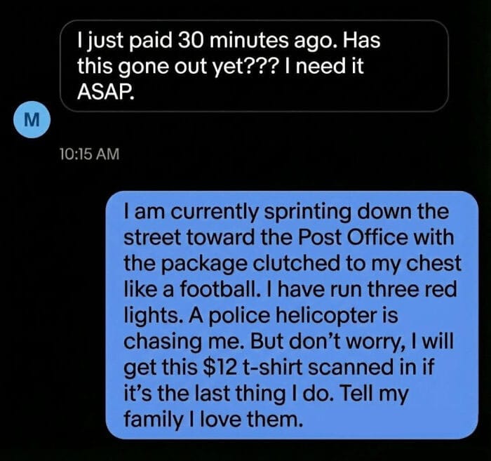 Humorous text message about a police chase and package delivery.