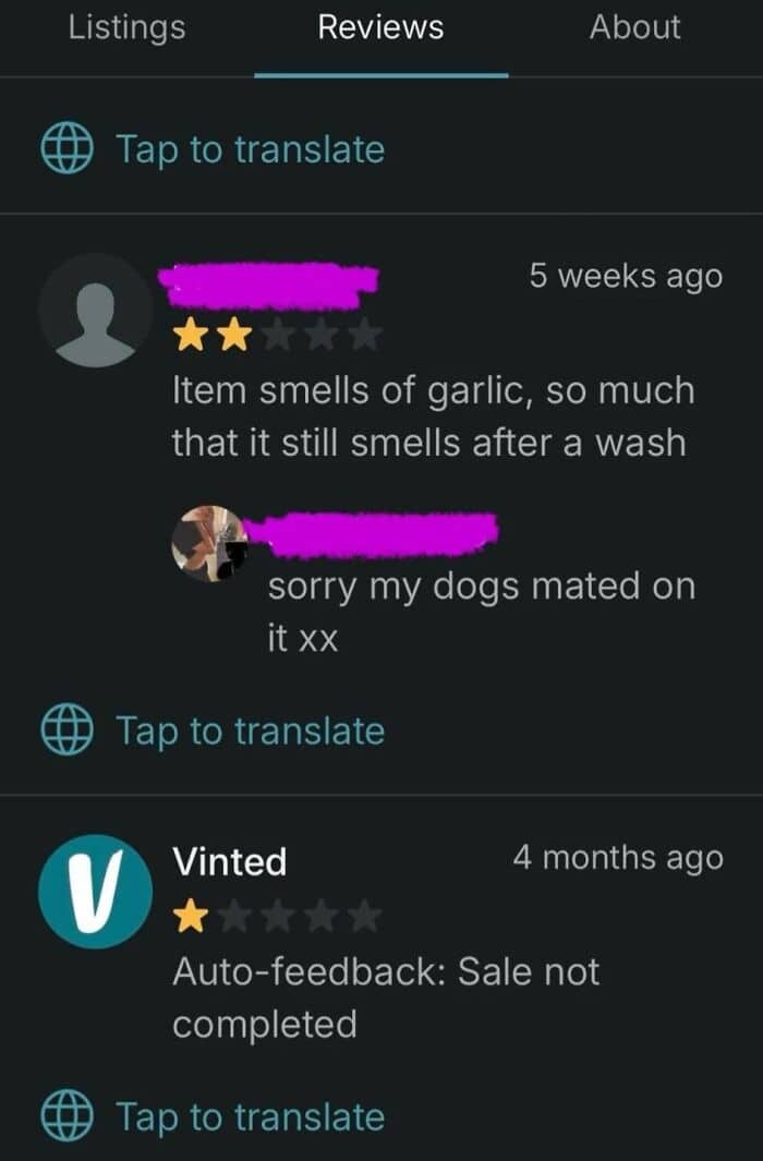 Item with garlic smell and humorous dog comment, from Pleated Jeans.
