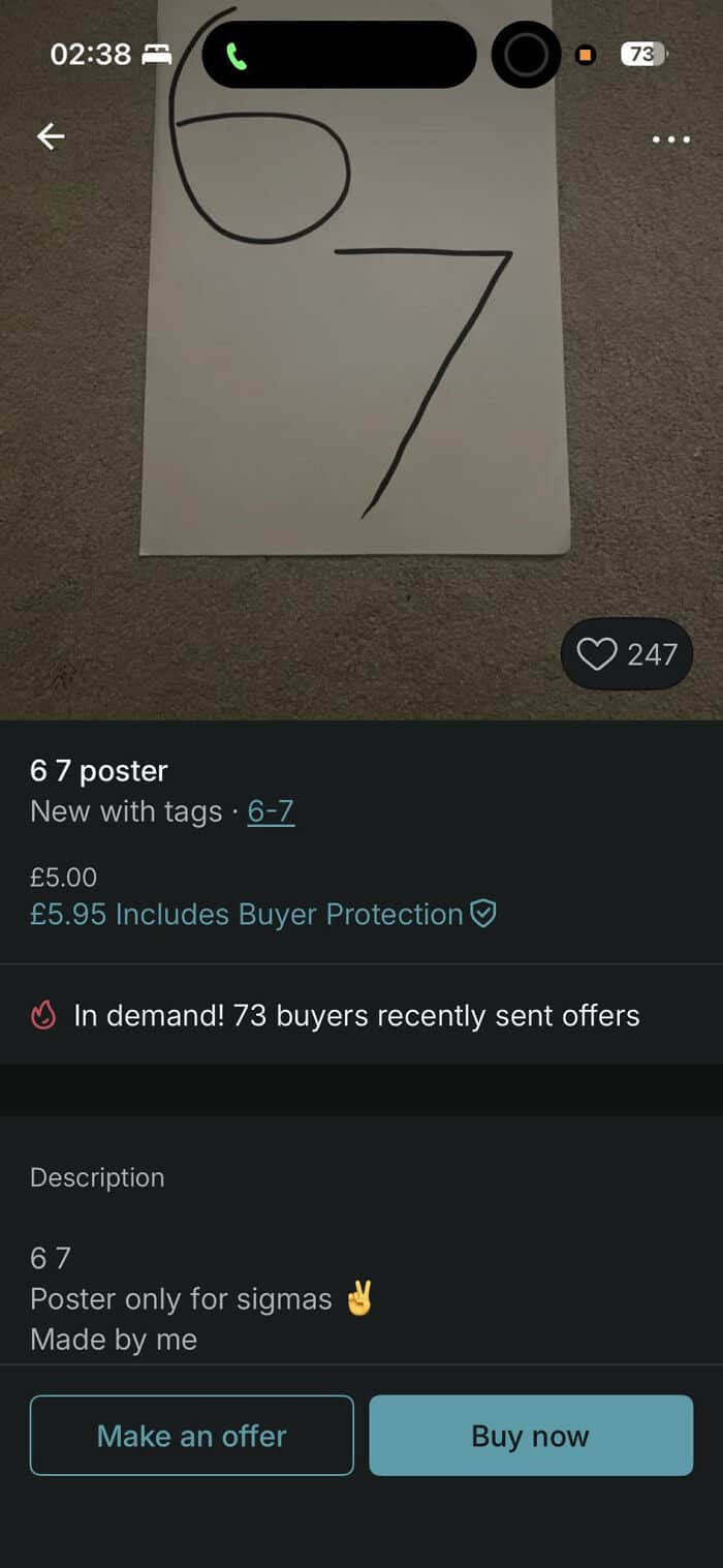 Minimalist poster featuring the number 67, designed for sigma enthusiasts, created by the seller.