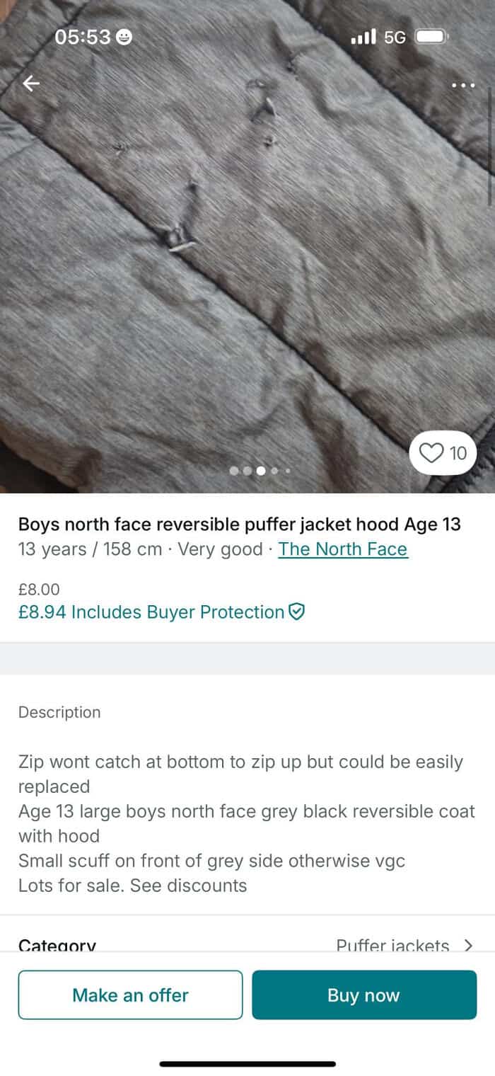 Boys North Face reversible puffer jacket with hood, suitable for ages 13 and up.