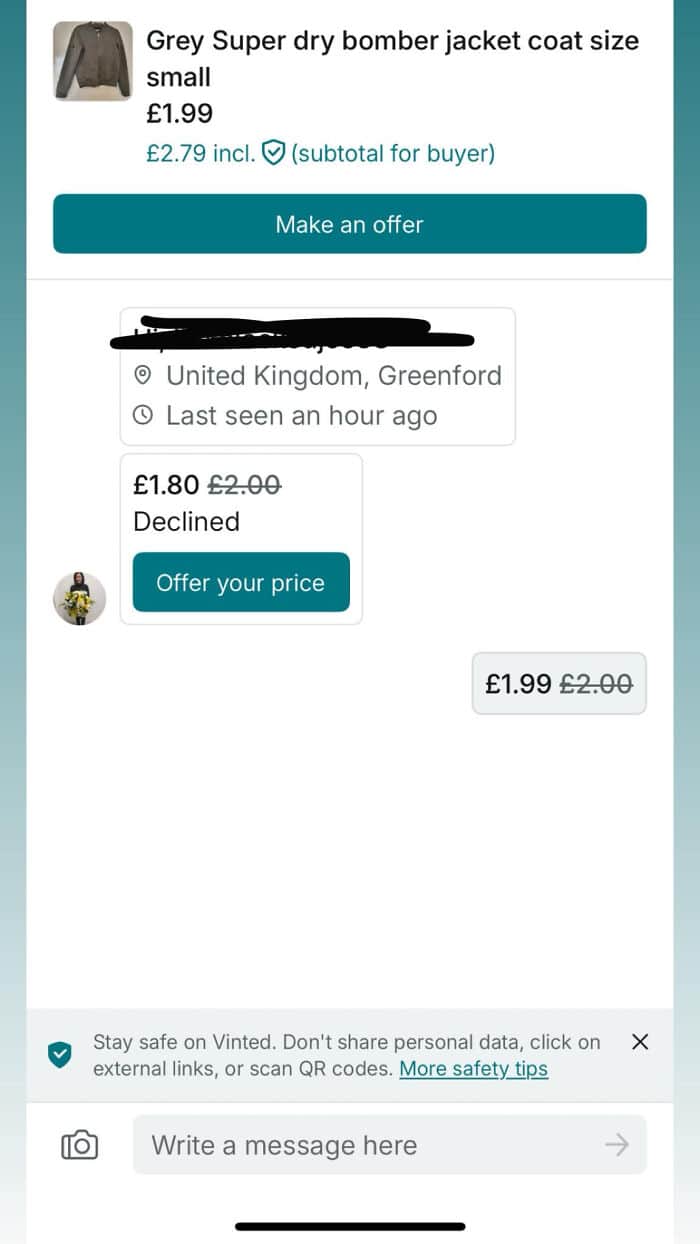 Grey Super Dry bomber jacket displayed on a product page, size small.