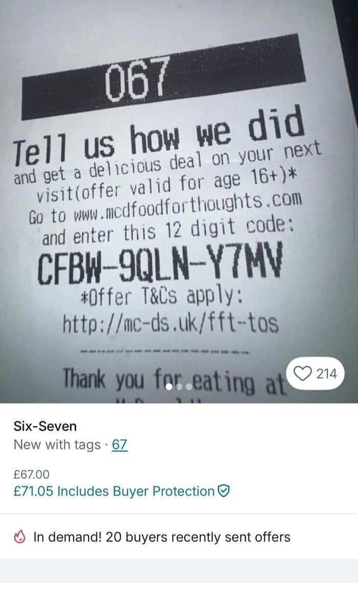 Receipt with code and survey request, black and white print.