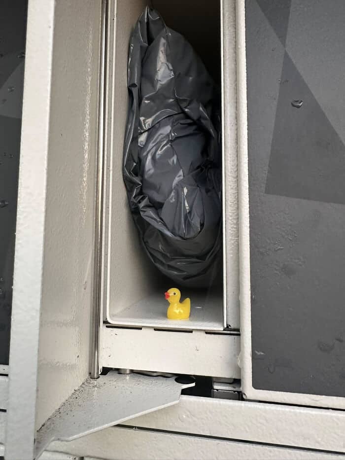 Small rubber duck in a narrow storage compartment with black plastic bag inside a metal locker.