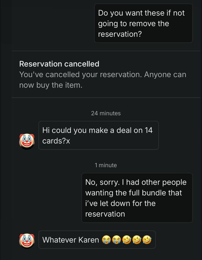 Funny reservation cancellation message with humorous tone from Pleated Jeans.