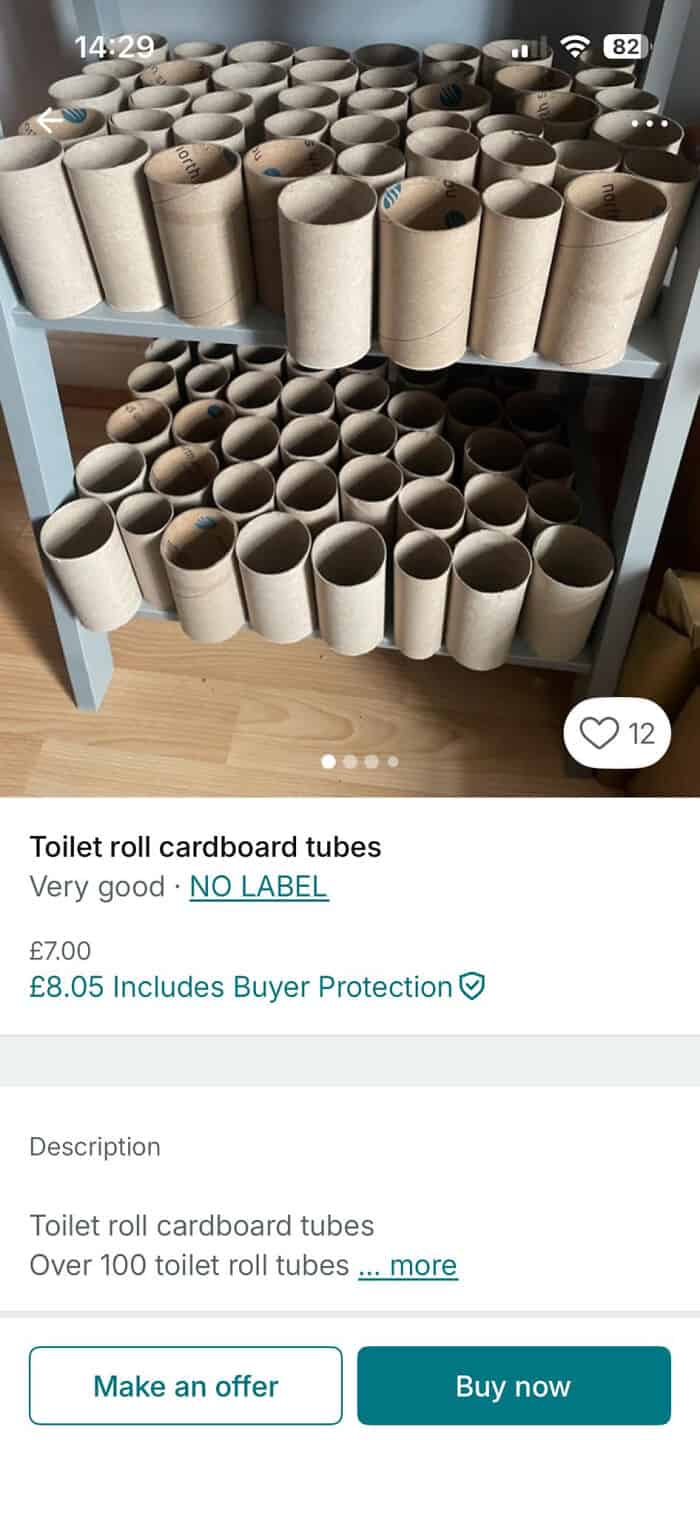 Toilet roll cardboard tubes stacked on shelves, ideal for crafts and storage projects. Eco-friendly,.