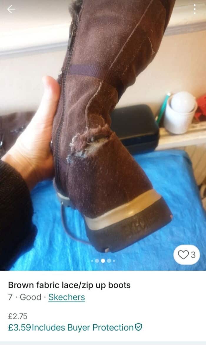 Brown fabric lace-up and zip-up boots with worn-out sole and distressed look.