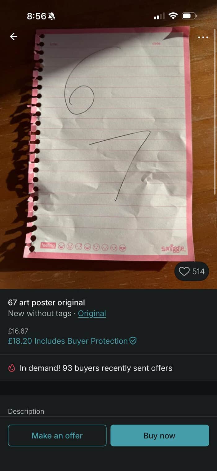 Hand-drawn art poster with the number 67 on lined notebook paper.