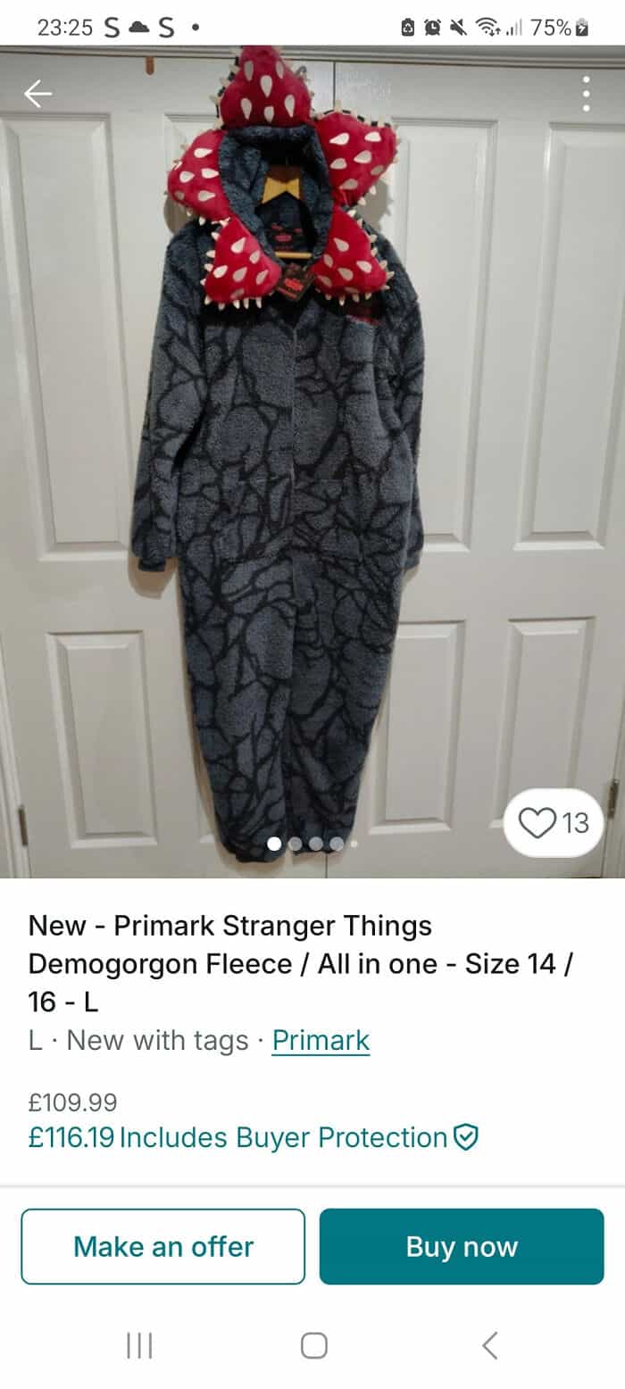 Child wearing a Demogorgon fleece costume inspired by Stranger Things, size 14-16.