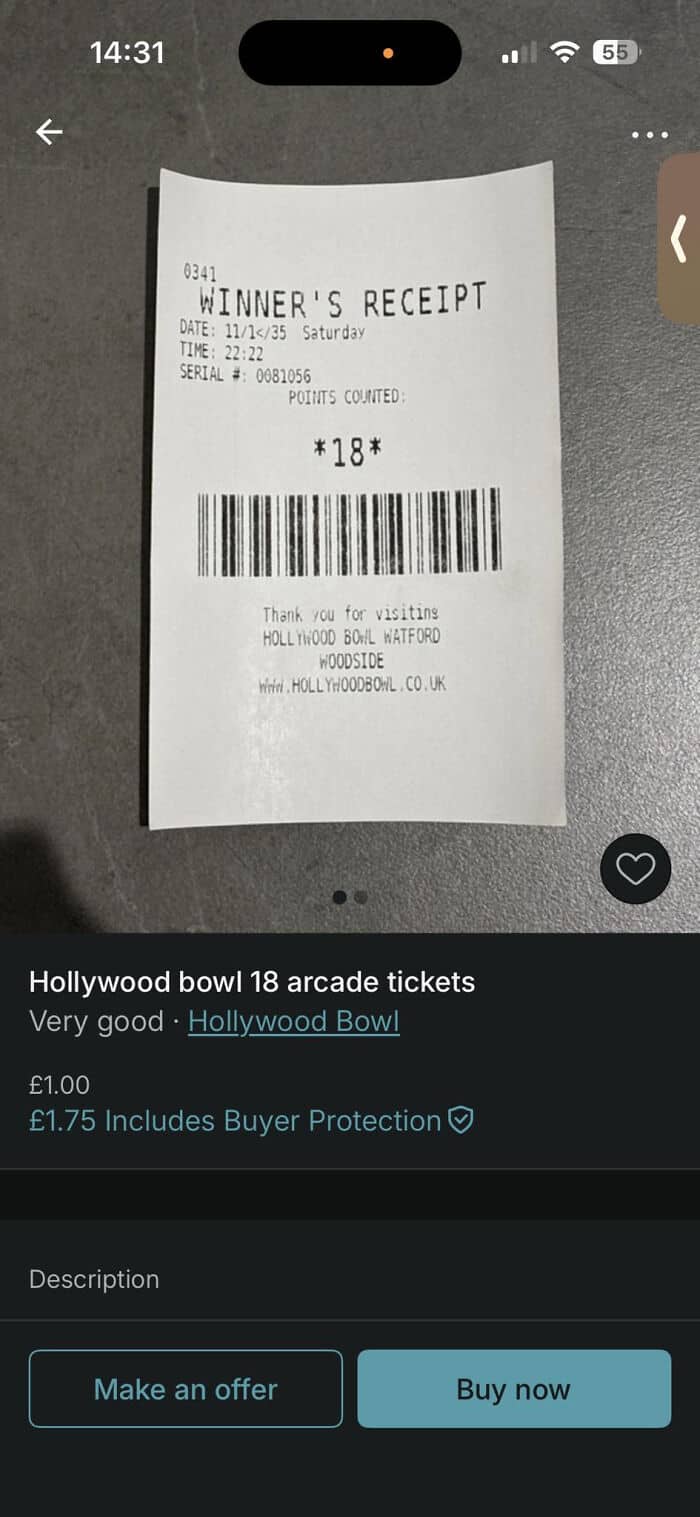Hollywood Bowl arcade tickets receipt showing purchase details and barcode.