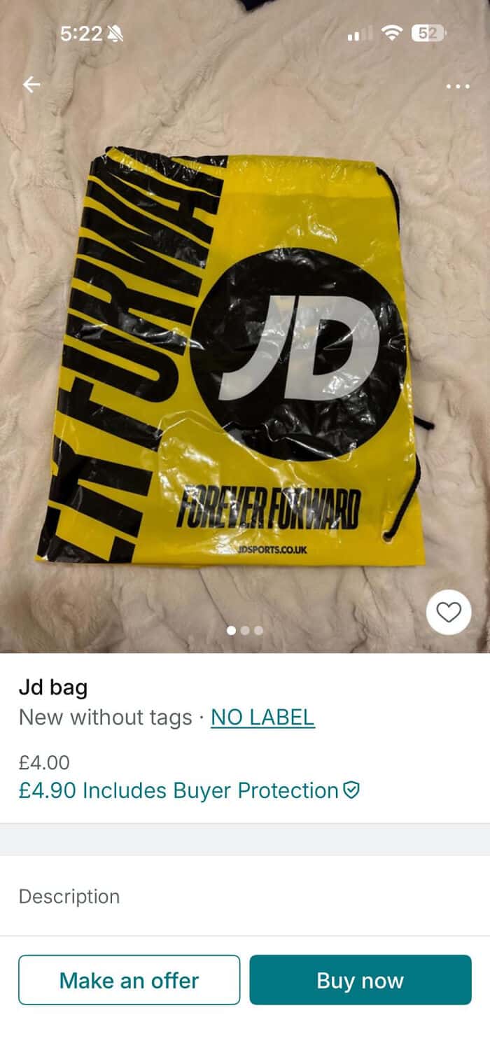 Jd bag with bold black and yellow design, featuring the JD logo, ideal for sports and gym use. Durab.