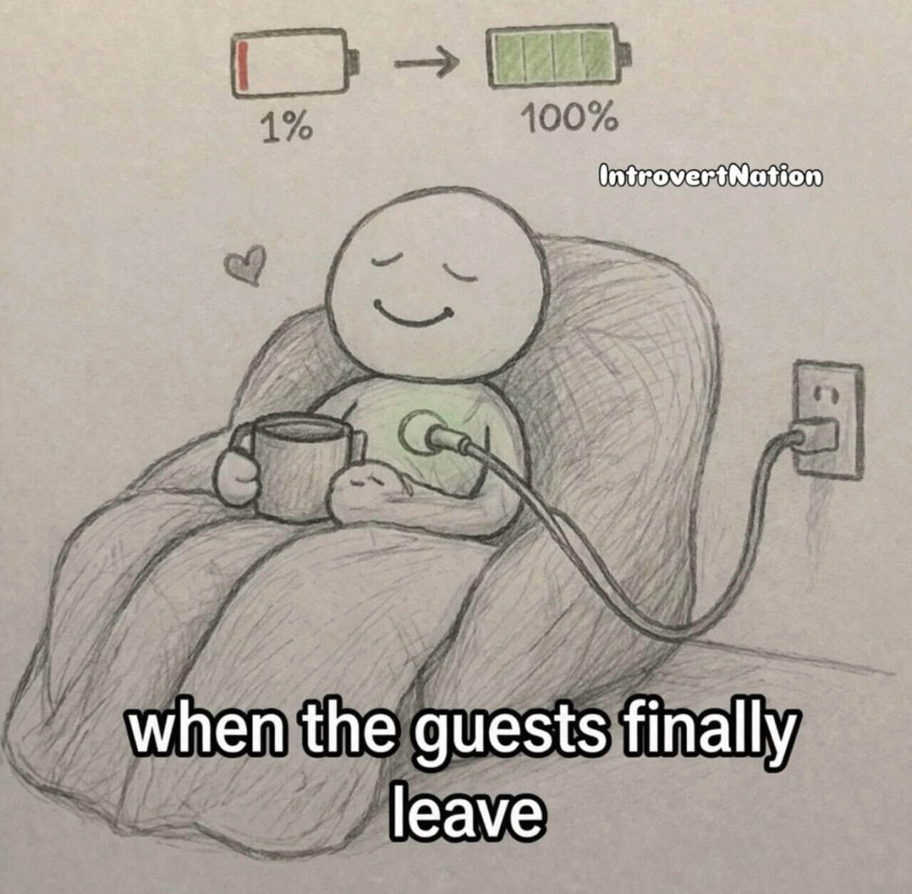 Introvert enjoying a cozy moment with a drink, fully recharged after guests leave.