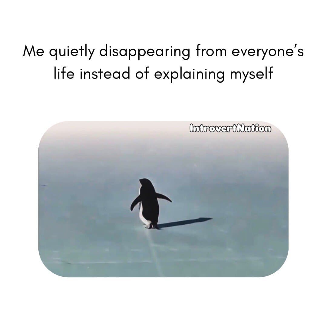 Disappearing from everyone's life, penguin walking on ice, quote about quietness and self-explanatio.