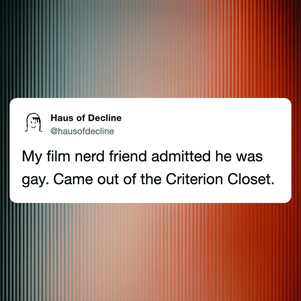 Person standing in a closet with clothes, referencing "me in the criterion closet".