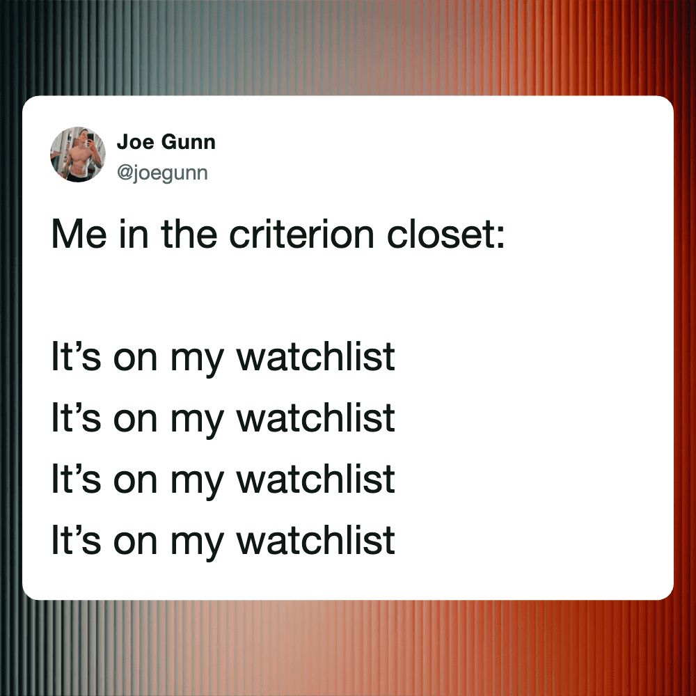 Woman in the criterion closet with watchlist text overlay.