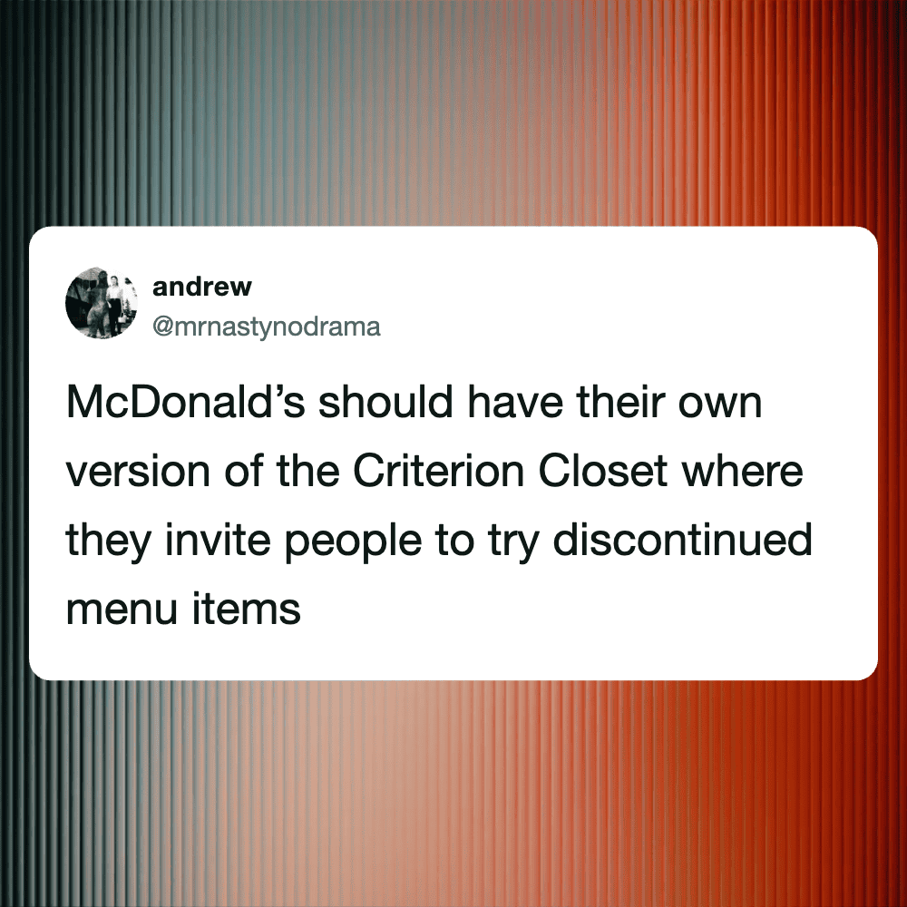 Person in a closet with clothes, referencing "me in the criterion closet".