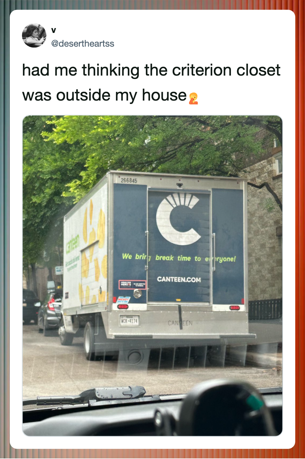 Delivery truck with Criterion Closet logo parked outside a house, surrounded by trees.
