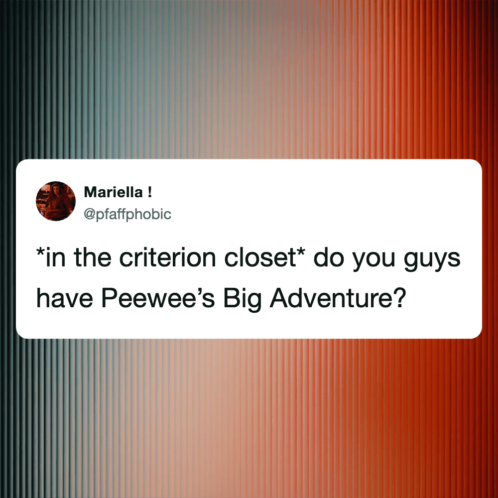 Woman in the criterion closet with pleated jeans, referencing Peewee's Big Adventure.
