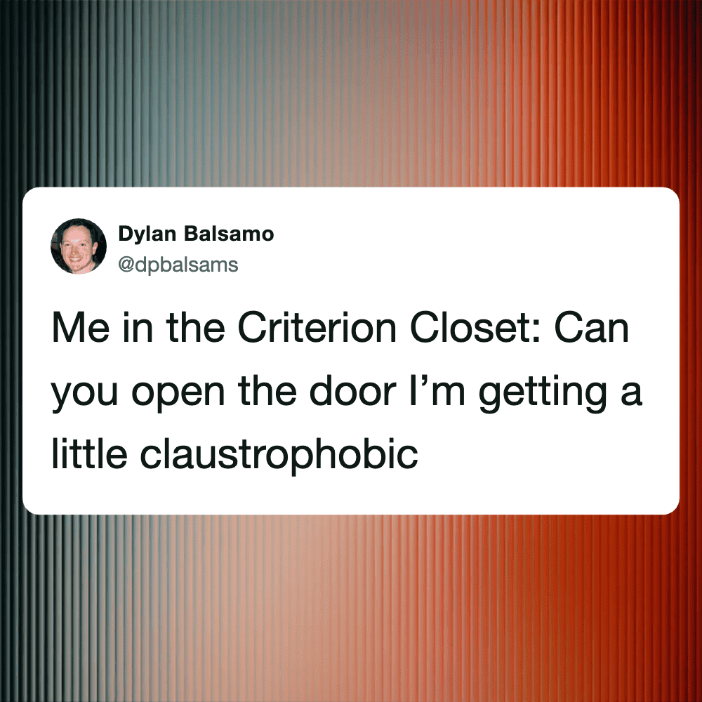 Woman in closet asking to open door, humorous moment from Pleated Jeans.