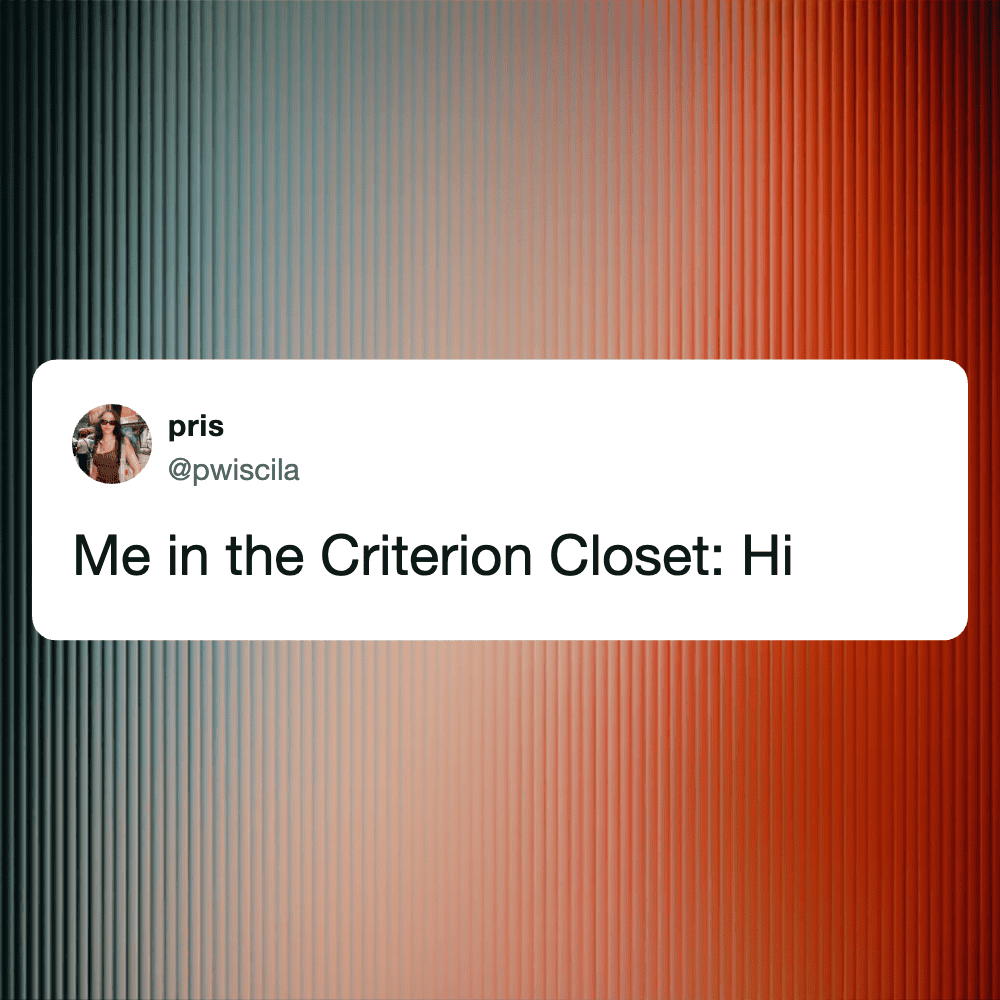 Person in the Criterion Closet, casual setting, engaging with the camera.