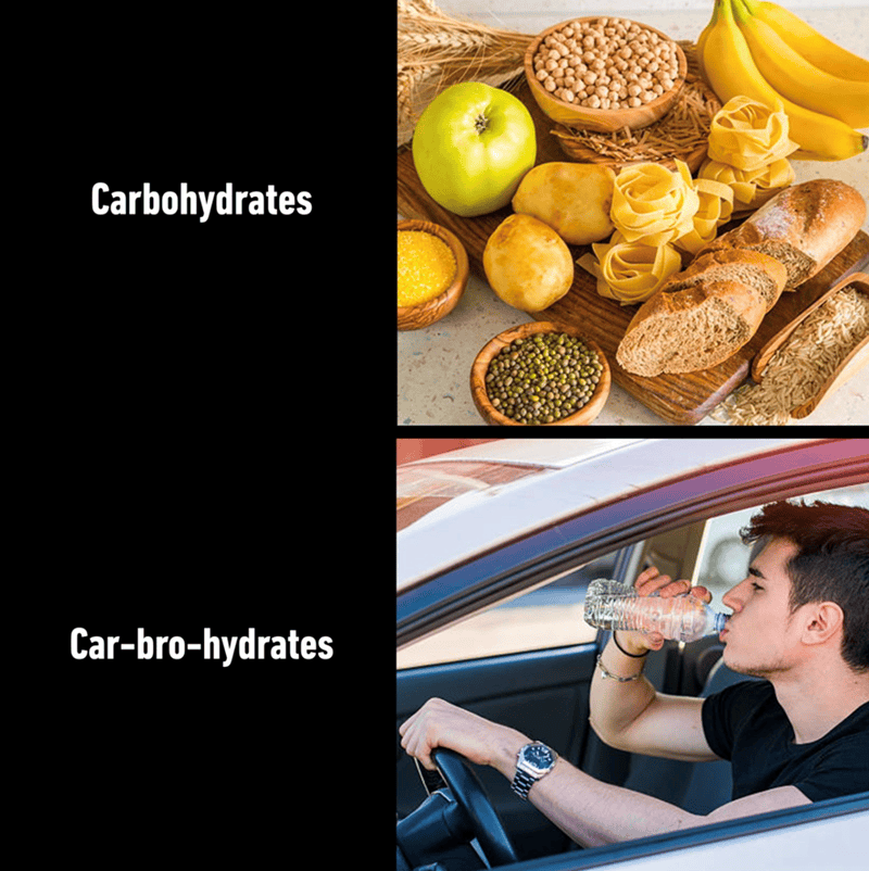 Assorted healthy carbohydrate foods including fruits, bread, and legumes for balanced nutrition.