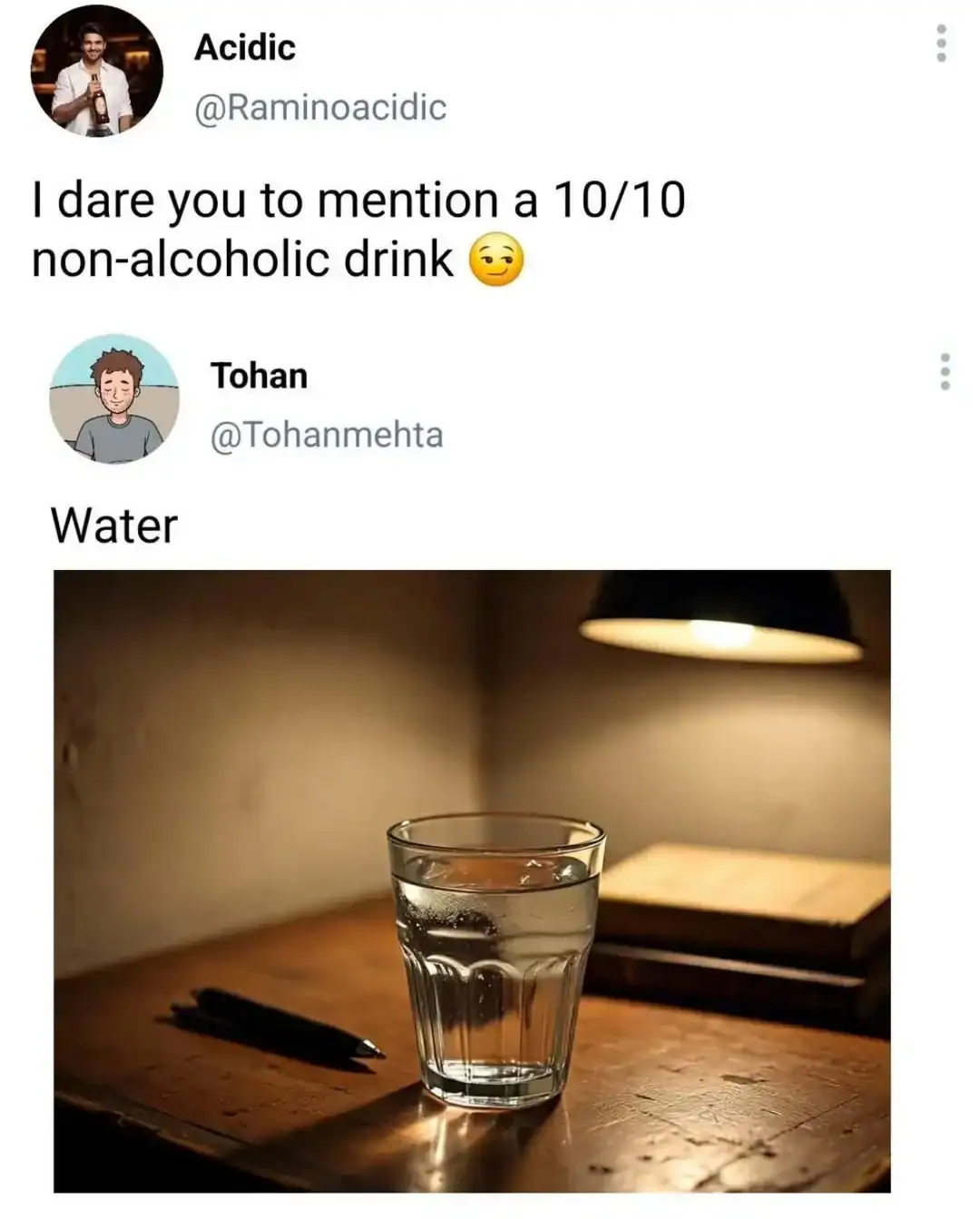 Clear glass of water on a wooden table with warm ambient lighting in a cozy indoor environment.
