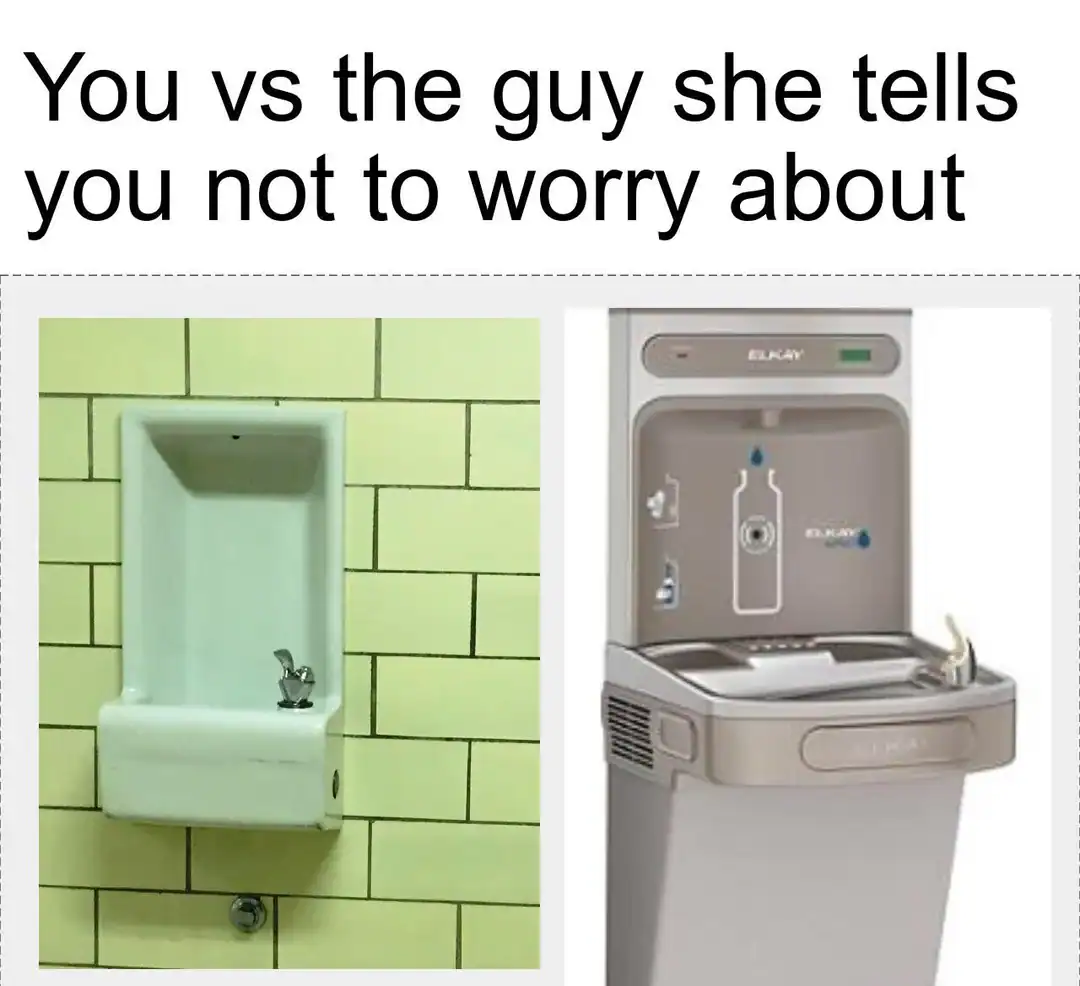 Humorous comparison of a small sink and a large water fountain with caption.