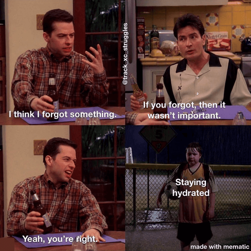 Humorous scene from a popular TV show featuring characters talking about importance of hydration.