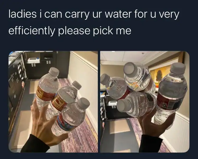 Hand holding multiple water bottles, demonstrating a humorous way to carry water efficiently.