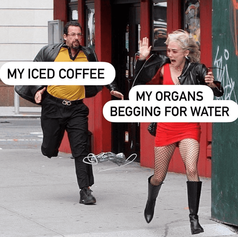 Man chasing woman with coffee on street, woman begging for water, funny urban moment.