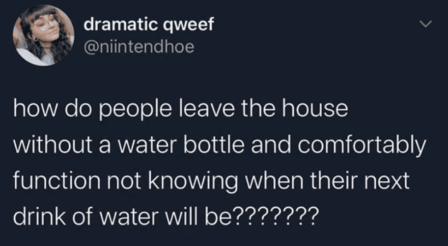 Funny meme of a person questioning how to leave the house without a water bottle.