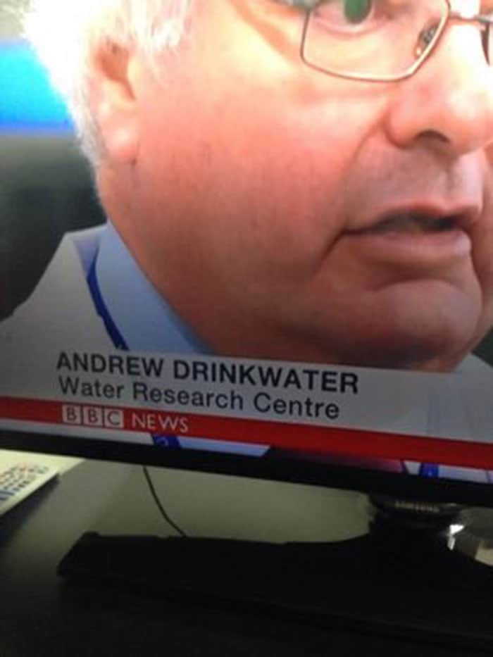 Close-up of Andrew Drinkwater during a BBC News interview about water research.