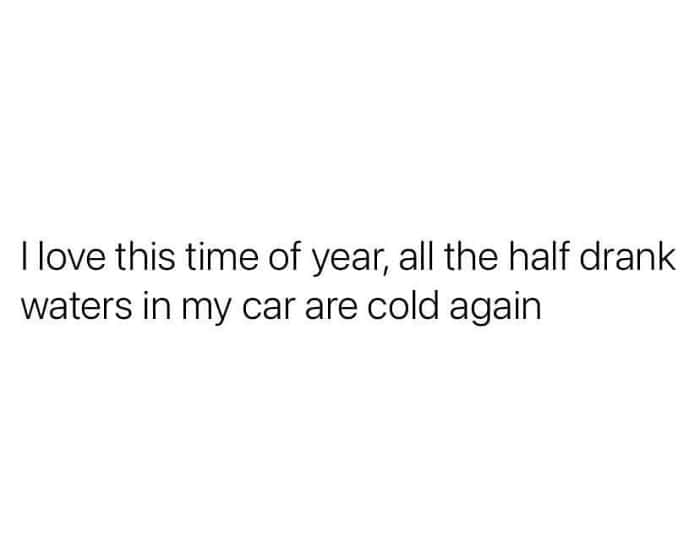 Humorous quote about enjoying the return of cold, half-drunk waters in a car during spring.