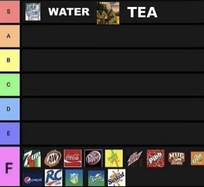 Water and tea options with brand logos and categories for beverage choices.