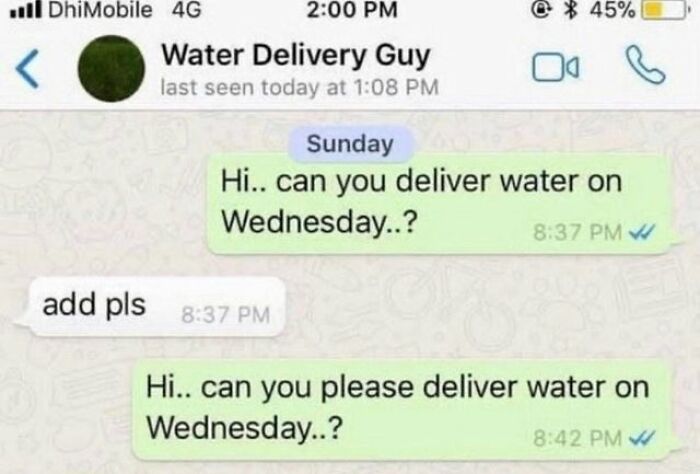 Water Delivery Guy chat screenshot.
