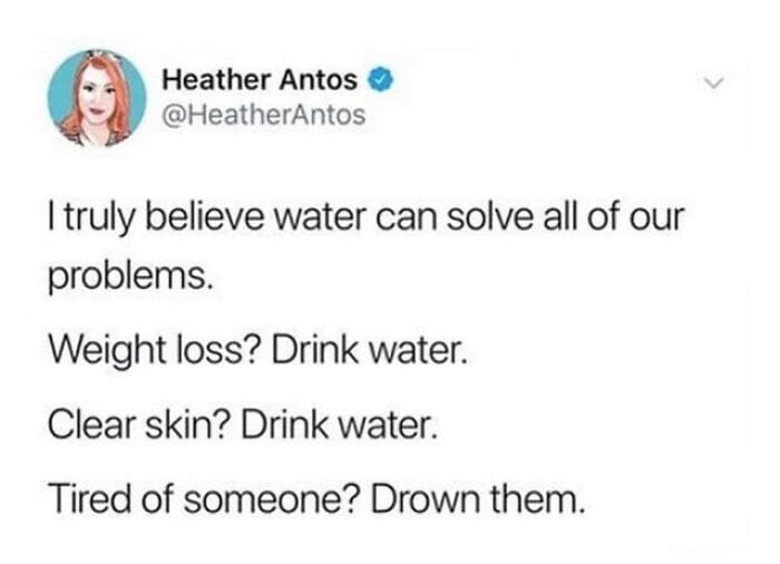 Humorous meme from Pleated Jeans featuring a witty quote about water and problem-solving.