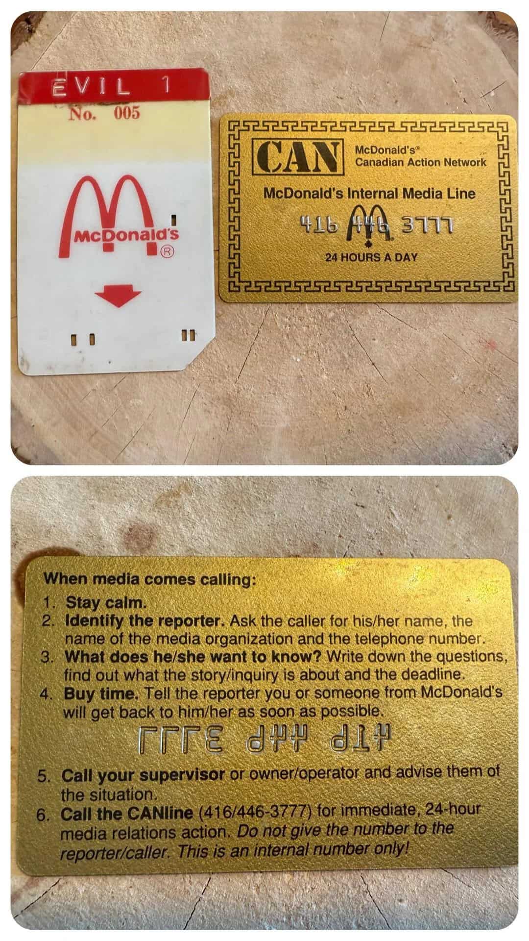 McDonald's employee call card and badge with instructions for media calling procedures.