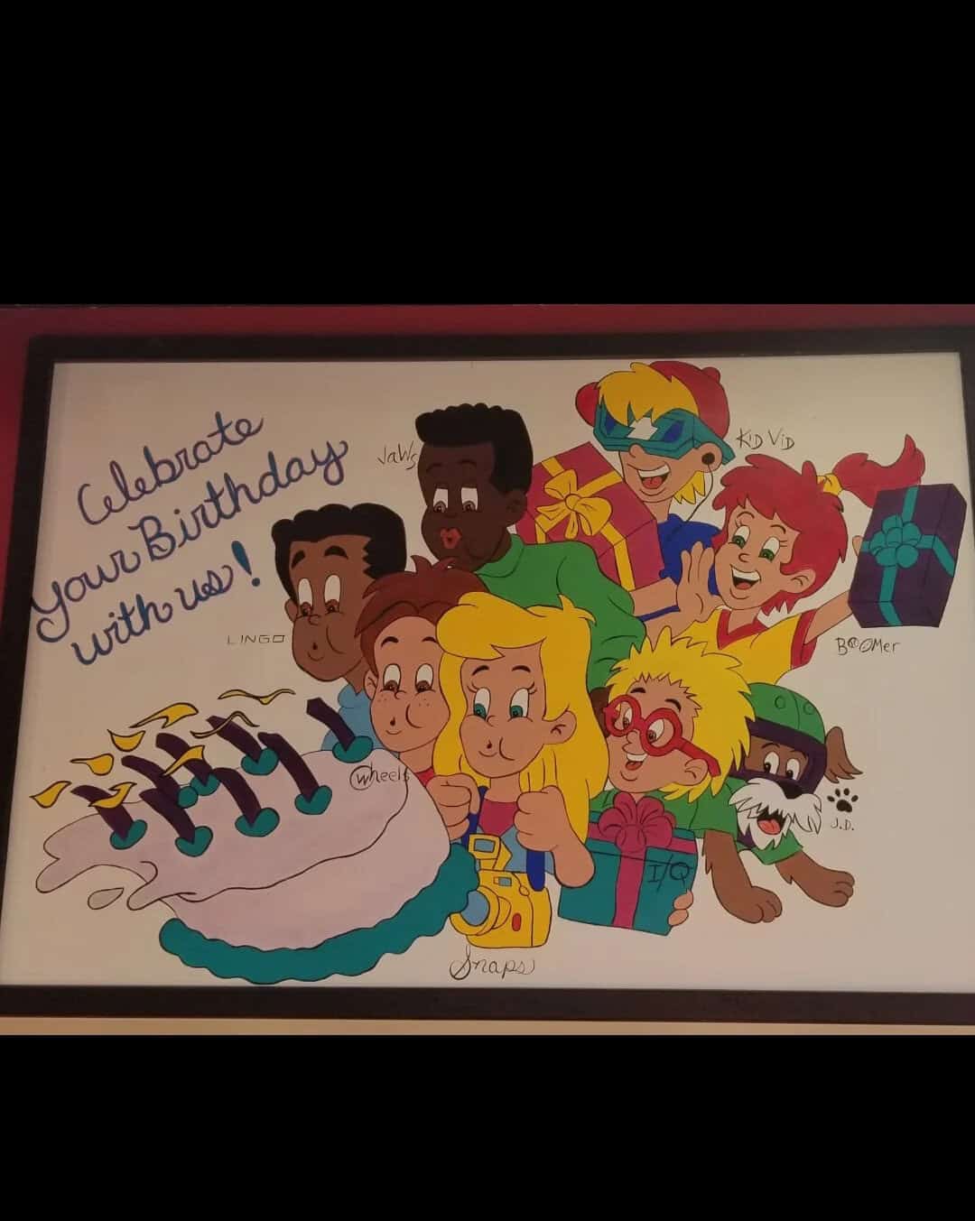 Colorful cartoon birthday celebration with friends and cake.
