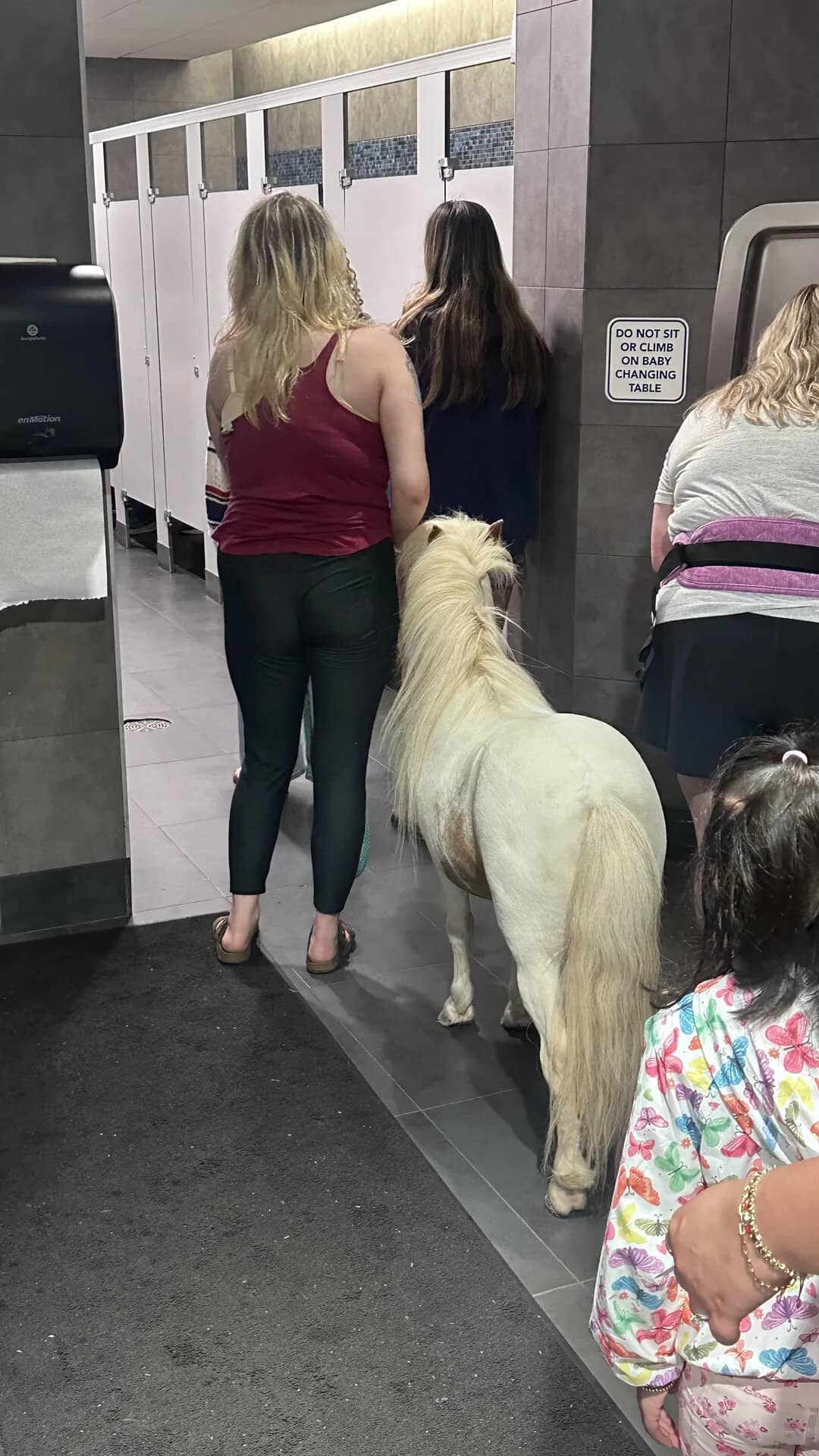 Two women with a pony in a public restroom, casual setting.